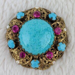1960's Turquoise and Rhinestone Gold Tone Metal Filigree Brooch